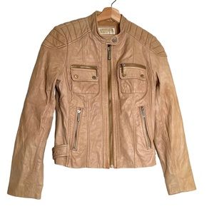 Micheal Kors Moto Style Beige Leather Jacket Size Medium